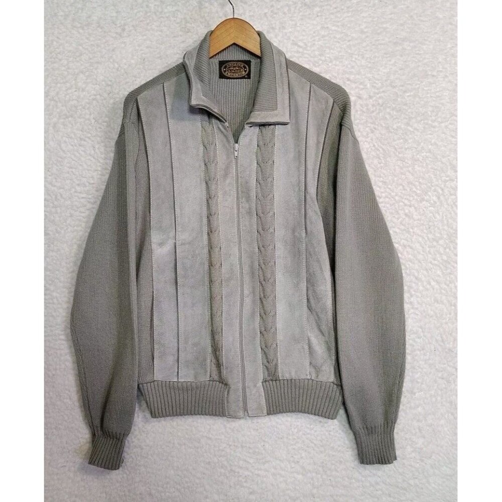 VINTAGE Emporium Tan Leather Suede Panel Sweater Jacket Full Zip Size XL Knit